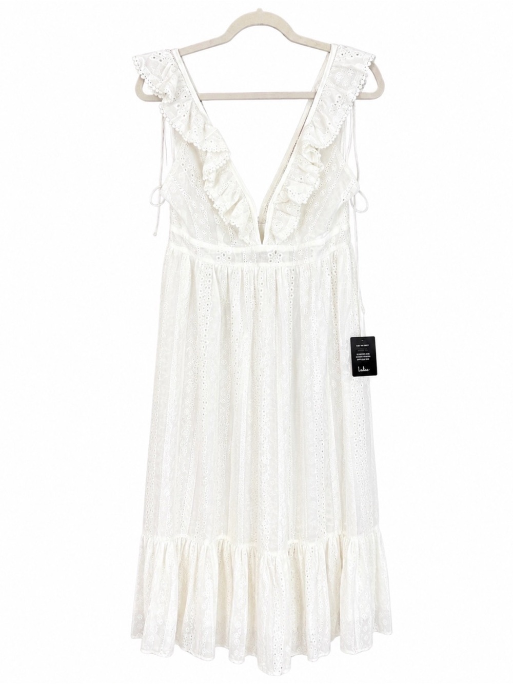 Lulu's Ivory Eyelet Ruffle V-Neck Midi Dress